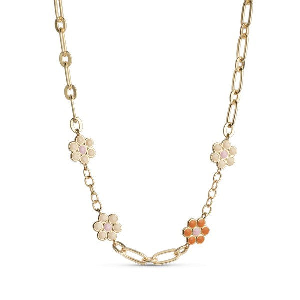 Blossom halskæde i forgyldt sølv med blå, orange og off white emaljeblomster fra Enamel Copenhagen.